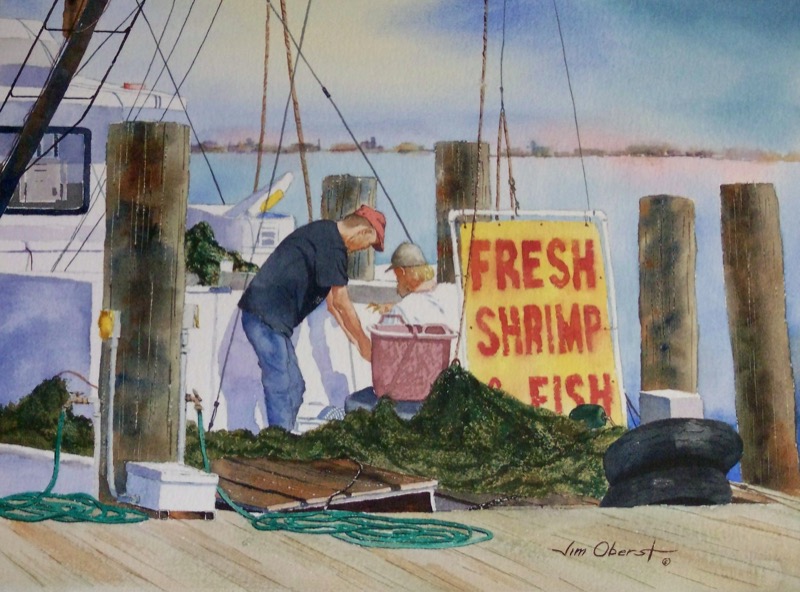 seascape, landscape, fishing, boat, fish, shrimp, corpus christie, texas, dock, pier, original watercolor painting, oberst